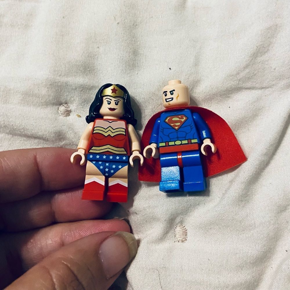 Two Lego DC figures Superman w/ cape & Wonder Woman figurines Stocking stuffers